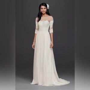 Galina Size 4P Ivory Wedding Dress with Illusion bodice and Lace Sleeves STYLE#